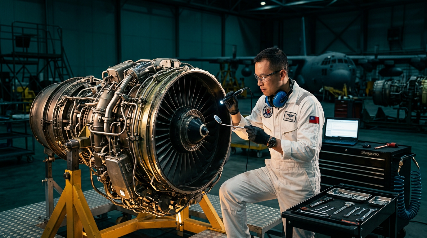 Técnico inspeccionando motor